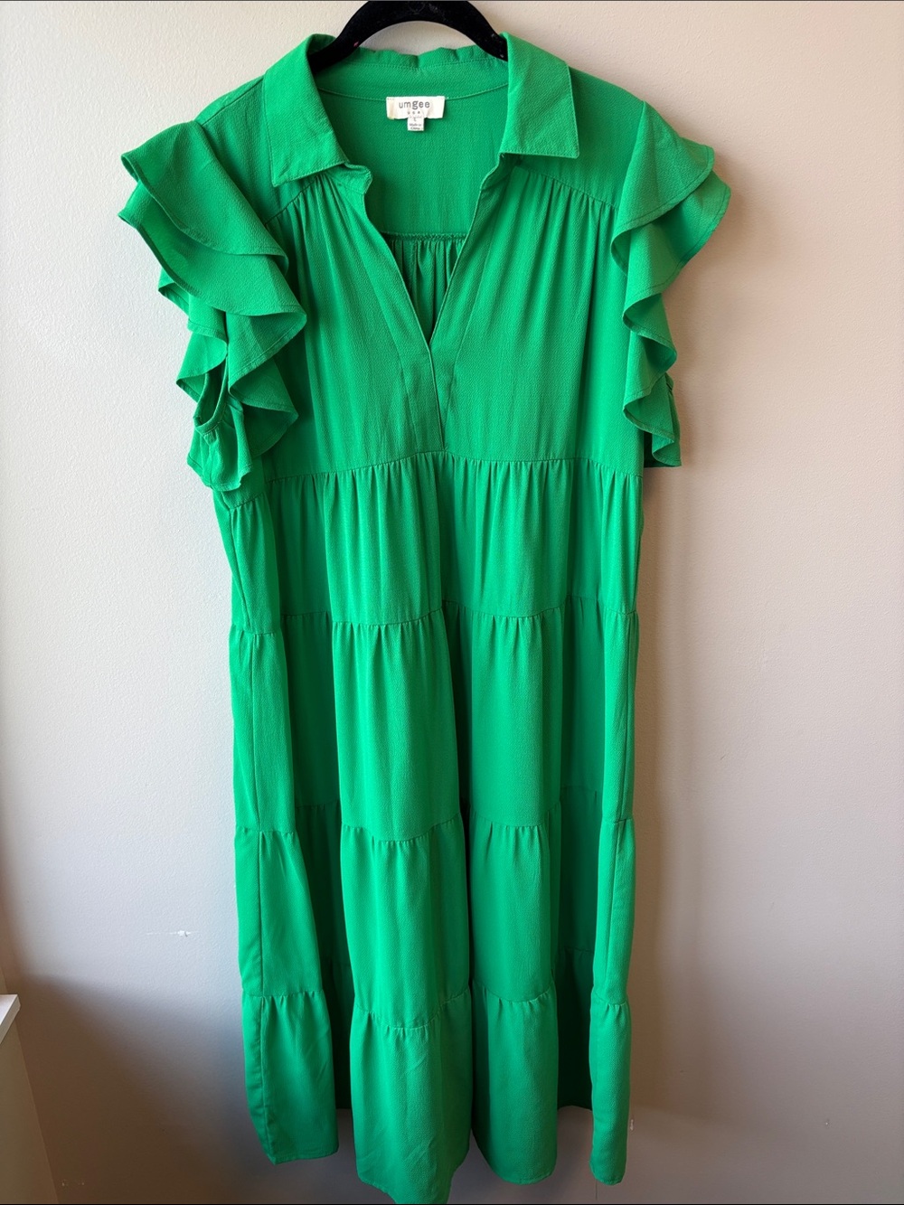 Umgee Emerald Green Ruffle Sleeve Tiered Midi Dress - Picture 3 of 5